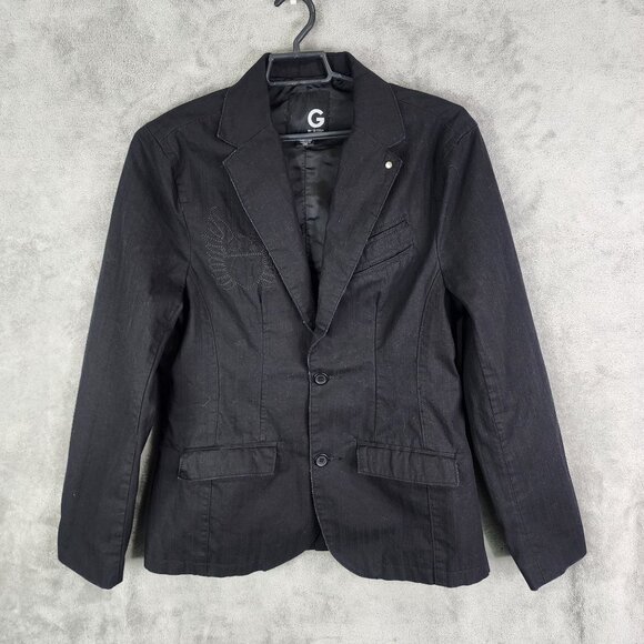 Mens Black G by Guess Blazer Jacket 2 Button Graphic Back 100% Cotton Size L - Picture 2 of 9